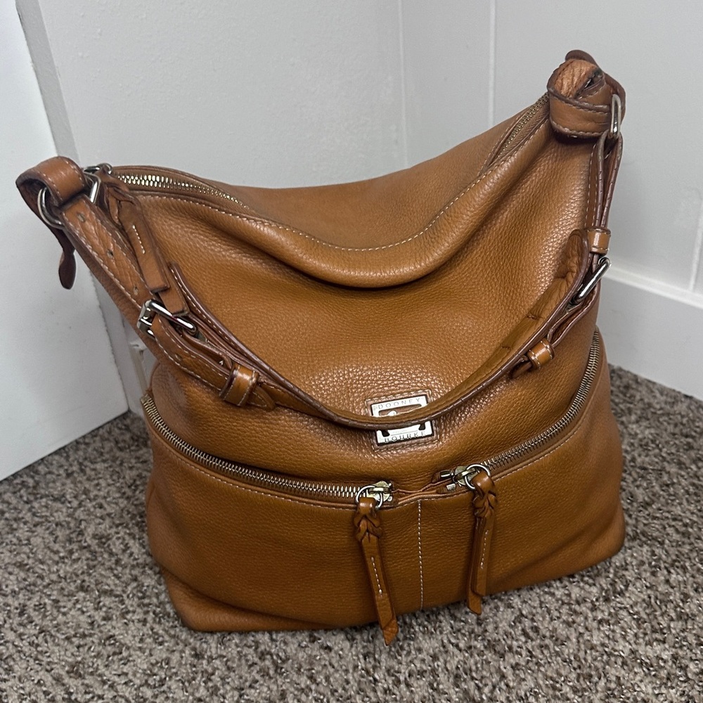Dooney & Bourke Brown Pebbled Leather Hobo Bag Tan Camel Zip Pocket Shoulder Bag - Picture 6 of 16
